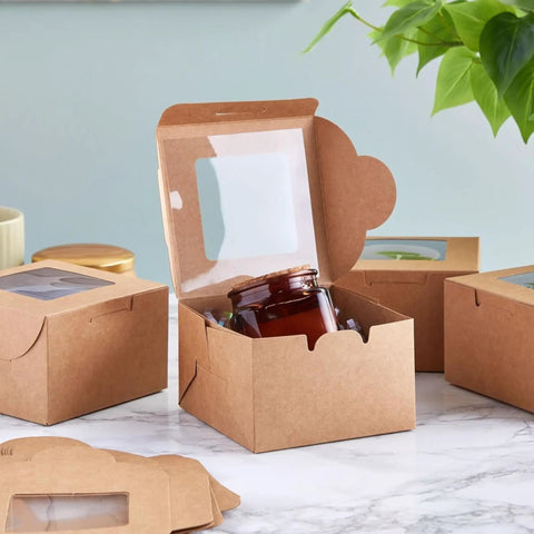 Heavy Duty Brown Cardboard Cookie Boxes With Clear Viewing Window Four By Four Inch Pastry Containers For Cupcakes Mini Pies And Sweet Treats Fifty Pack Straight Up Quality Bakers Packing