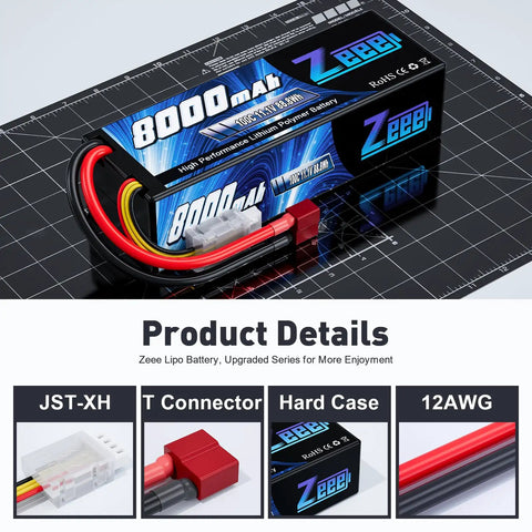 3S 11.1V 8000mAh RC LiPo Battery 100C with T Connector hard case displayed with product details