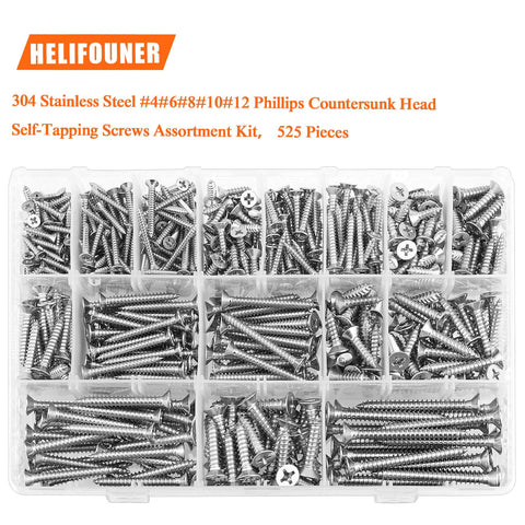 Image of 525 Piece Wood Screw Set In 16 Sizes Stainless Steel Self Tapping Phillips Flat Countersunk Wood Screws For Any Project From Size 4 To Size 12 And Lengths From Half Inch To Two Inches 304 Stainless Great For Decks Furniture Cabinets DIY in a clear storage case.