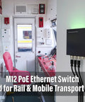 8-Port Industrial Gigabit PoE Switch with M12 X-Coded installed in a rail vehicle interior, dual power input, unmanaged ethernet hub.