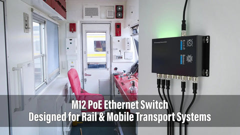8-Port Industrial Gigabit PoE Switch with M12 X-Coded installed in a rail vehicle interior, dual power input, unmanaged ethernet hub.