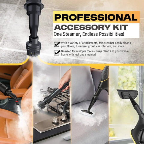 Professional accessory kit for heavy duty handheld steam cleaner, showcasing various tools for versatile cleaning tasks.