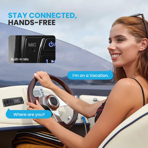 Woman using 12V Marine Bluetooth Receiver Stereo for Boats Single DIN In Dash Radio With Digital LCD USB SD MP3 RCA AM FM