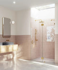 Frameless Shower Door Hinge With EnduroShield Glass Coating, 78 In By 45.75 In Polished Brass Finish, glass shower door in modern bathroom