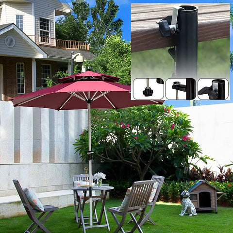 Durable Outdoor Patio Umbrella Clamp Stand And Deck Mount, Clip On Holder For Chairs in a garden setup; all-weather metal