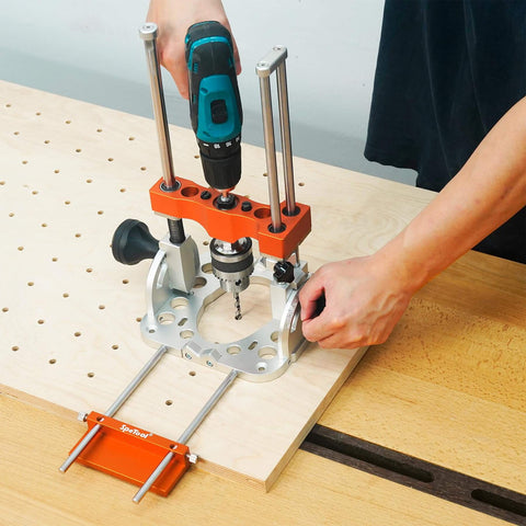 Using an All Aluminum Edge Fence for Portable Drill Guide on wood for even row drilling. Pro Grade Edge Guide 265mm from edge.