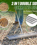 Person using Two In One Lawn Leveling Rake With Dual Flat And Serrated Sides, Heavy Duty Stainless Steel Landscape Leveler on gravel