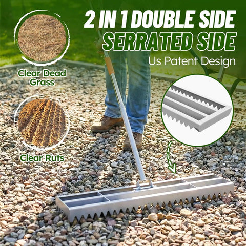 Person using Two In One Lawn Leveling Rake With Dual Flat And Serrated Sides, Heavy Duty Stainless Steel Landscape Leveler on gravel
