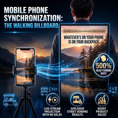 Street Smart Digital Ad Backpack Featuring 21.5 Inch High Def Lcd Screen And Rock Solid Wifi Plus Hdmi For Mobile Campaigns That Crush Every Neighborhood Block Or Local Cafe Hustle, displaying phone sync feature.