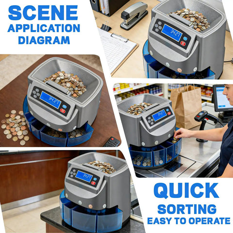 Slick Automatic Coin Counter And Wrapping Machine Featuring No Fuss LCD Screen And Fast Lane Sorting Action, sorting coins at a checkout.
