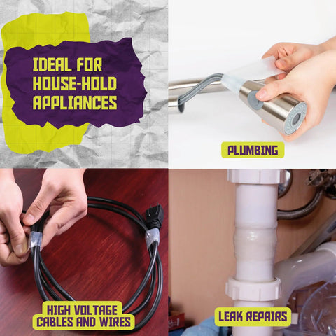 Image showing Self Fusing Silicone Tape 1 Inch By 36 Foot Crystal Clear Waterproof Weatherproof Quick Fix Seal Wrap in use on pipe, wire, and plumbing.