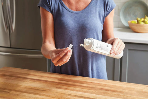 Person holding ULTRAWF Water Filter And PAULTRA Air Filter Combo Pack Exact Replacement For Compatible Fridges Verify Model Compatibility Before Purchase Easy Install And Long Lasting Filter Life For Fresh Water And Odor Free Air
