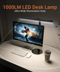 All In One Tall Flexible LED Desk Lamp With Gooseneck, 1000LM, illuminating a desk setup with computer and coffee cup
