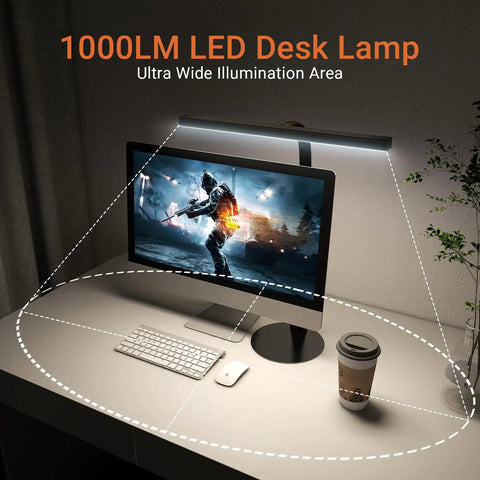 All In One Tall Flexible LED Desk Lamp With Gooseneck, 1000LM, illuminating a desk setup with computer and coffee cup