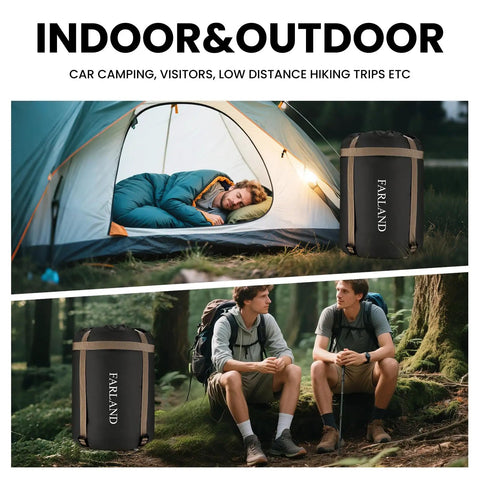 3-4 Season Sleeping Bag For Adults And Kids in tent with compression sack, camping gear, 87 x 29.5 inches, dark grey, outdoor scene