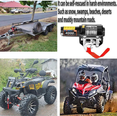 Beefy 12V 4000 LB Electric Winch Kit With About 33 Feet Steel Rope For ATV UTV Tow Off Road Use Includes Wireless Remote Control And Mounting Bracket Included, shown on ATV and trailer