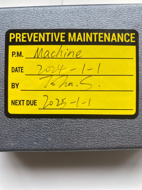 2x3 Inch Preventive Maintenance Sticker Set 200 Pcs Black Yellow Labels For Machines showing maintenance schedule details.
