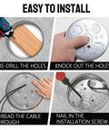 Installation steps for 4-Pack Shallow Round Electrical Boxes For Ceiling Pancake Installations, including pre-drill, knockout, threading, nailing.