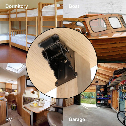 Workhorse Heavy Duty Foldable Support Brackets 8 Pack installed in dormitory, RV, garage, and boat settings, showcasing versatility.