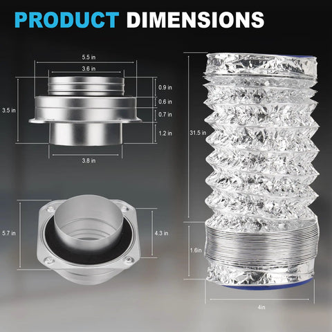 Magnetic Dryer Vent Kit With 1-Second Snap, Airtight Seal, And Easy Clean 4 Inch Duct; Includes 2 Clamps And A 2.8ft Hose, shown with dimensions
