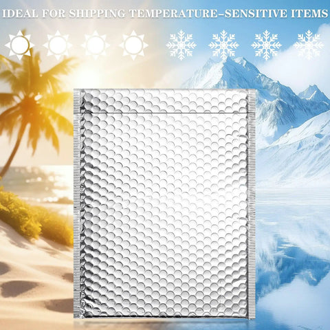 20 Pack 9x11 Inch Thermal Bubble Mailers With Insulated Metallic Foil, Heavy-Duty Self-Adhesive Tamper-Evident Envelopes against beach and snow