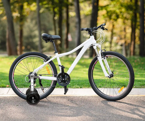 White bike with Training Wheels Set For 16 18 20 22 24 Inch Bikes With Steel Adjustable Bracket And Hardware Pack in park setting