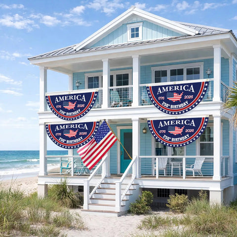 House with Patriotic 250th Birthday Bunting Flags Set For USA Fans Anniversary Fan Banner 1776 To 2026 Two By Four Feet