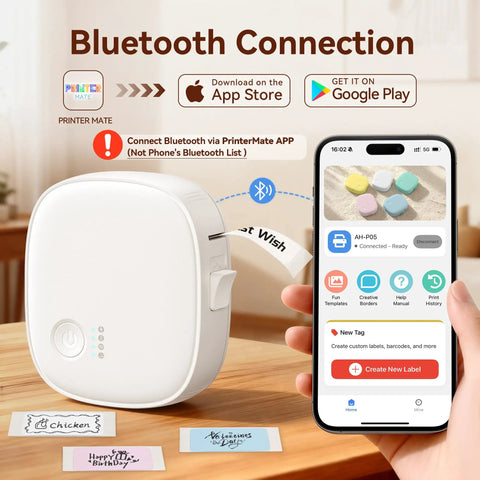 Gotta Love This Straight Up Compact Bluetooth Label Printer With Self Adhesive Tape Wireless Thermal Mini Label Maker showing Bluetooth connection and smartphone app pairing.