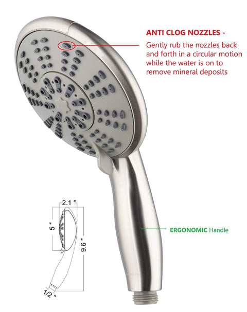 5 Inch Anti Clog High Pressure Dual Shower Head With Handheld Spray, ergonomic handle, anti-clog nozzles, brushed nickel