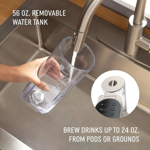 Pod and Grounds Single Serve Coffee Maker With Built In Milk Frother 56 Oz Reservoir K-Cup Pod Compatible water tank filling