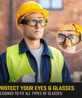 Construction worker wearing Over Glasses Safety Goggles With Anti Fog Clear Lens ANSI Z87.1 Impact Resistant UV Proof