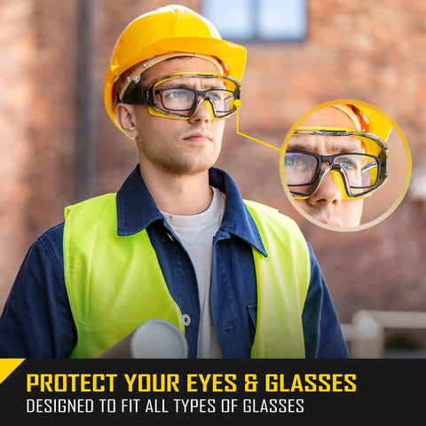 Construction worker wearing Over Glasses Safety Goggles With Anti Fog Clear Lens ANSI Z87.1 Impact Resistant UV Proof