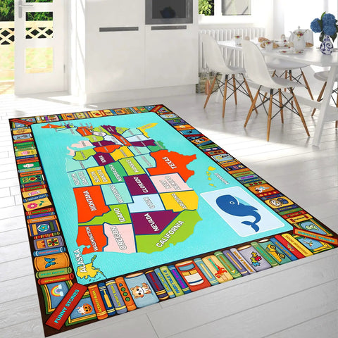 Colorful United States Map Rug For Kids Learn Geography With Labeled States On A Non Slip Washable Play Mat in a dining area