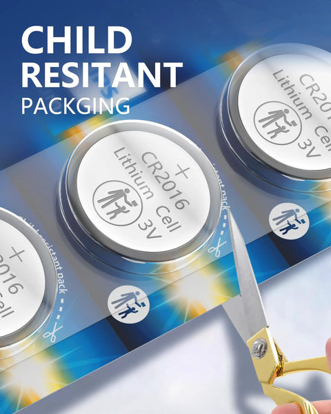 Cr2016 3V Lithium Coin Cell Batteries 5 Pack in child-resistant packaging with scissors cutting open the pack.