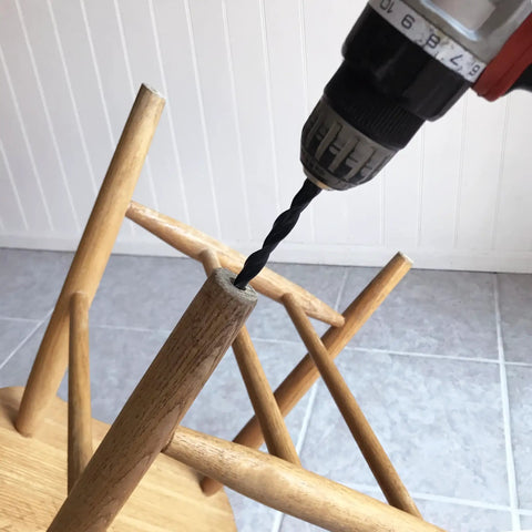 Drilling hole in wooden chair leg for 4 Pack 1 Inch Threaded Felt Furniture Glides With One Quarter Inch Adjustable Leveling Feet For Wood Tile Laminate Floors Tan Includes Threaded Inserts Tough Build For Heavy Use And Quiet Smooth Glide On All Floor Surfaces.