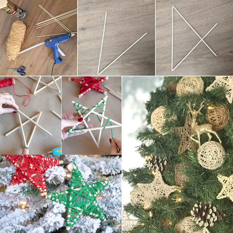 The Real Deal Unfinished Maple Dowel Rods 100 Piece Value Bundle used for crafting holiday decorations and star shapes.