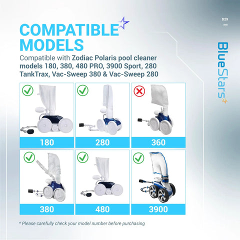 Compatible models for Polaris pool cleaners: 180, 280, 380, 480, 3900. Check model number before purchasing.