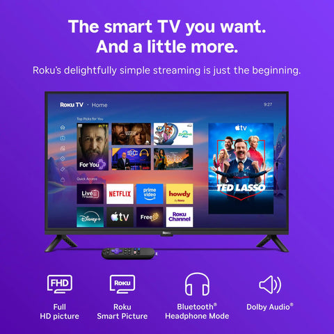 Sleek 32 Inch Full H d Smart Television Packing Hella Crisp Picture Quality And Dead Smooth Streaming Tailored For Chill Bedrooms And Bustling Kitchens displaying Roku interface.