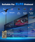 Two Pack 2.4GHz ELRS Nano Receiver With 55mm T Antenna For ELRS FPV Remote Controllers showing models for FPV drones, fixed wing, RC.
