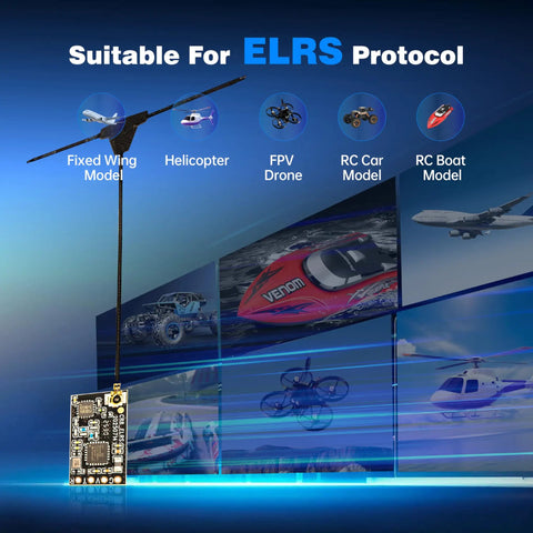 Two Pack 2.4GHz ELRS Nano Receiver With 55mm T Antenna For ELRS FPV Remote Controllers showing models for FPV drones, fixed wing, RC.