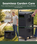 Man using Hideaway Hose Reel With 100 Ft Capacity, Durable Resin Garden Hose Organizer in yard, close-up of side handle