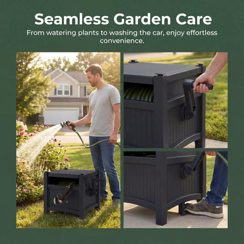 Man using Hideaway Hose Reel With 100 Ft Capacity, Durable Resin Garden Hose Organizer in yard, close-up of side handle
