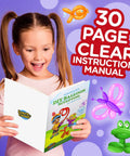 Young girl excitedly holding a Balloon Animal Kit For Beginners With Pump And Manual 120 Pieces Create 30 Plus Fun Balloon Sculptures guide.