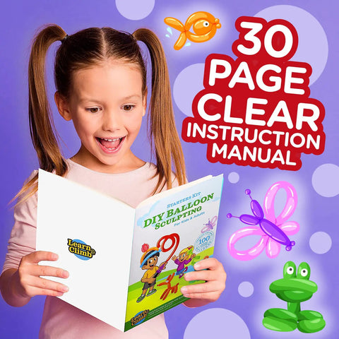 Young girl excitedly holding a Balloon Animal Kit For Beginners With Pump And Manual 120 Pieces Create 30 Plus Fun Balloon Sculptures guide.