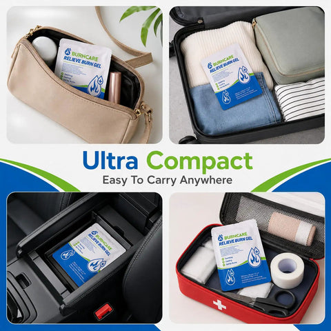 Burn Gel With Aloe For Minor Skin Wounds On The Go 40g Packet in travel bag, suitcase, car compartment, first aid kit.