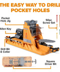 Pro Level Automatic Pocket Hole Jig Kit With Self Calibrating Drill Guide And Fifty Rustproof Screws showing parts like drill bit and screw set.