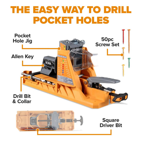 Pro Level Automatic Pocket Hole Jig Kit With Self Calibrating Drill Guide And Fifty Rustproof Screws showing parts like drill bit and screw set.