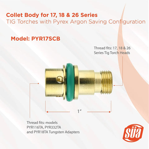 Argon Saving Conversion Kit For 17, 18 And 26 Series TIG Torches collet body with brass finish and green O-ring, model PYR17SCB