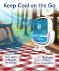 Cordless Personal Air Cooler With USB Charging 3 Speed Options Universal Clamp on picnic table near tent and trees.