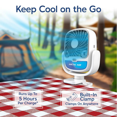 Cordless Personal Air Cooler With USB Charging 3 Speed Options Universal Clamp on picnic table near tent and trees.